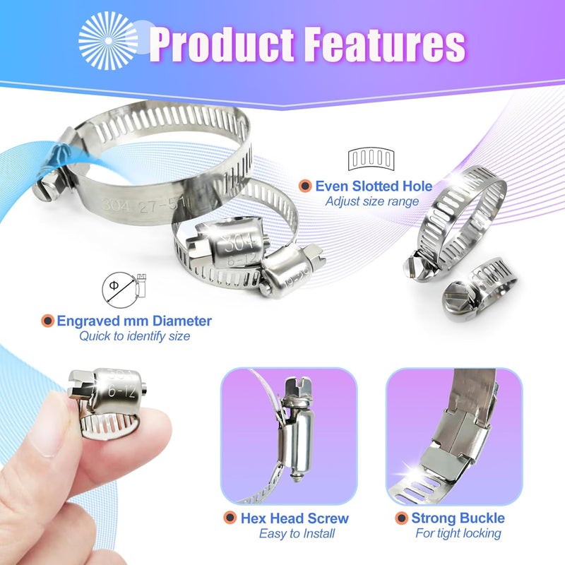 Duramedal Hose Clamp- 200 PCS Stainless Steel Hose Clamps Assortment Kit 1/4''–1-2'' stainless steel hose clamps for Fuel Line, Plumbing, Automotive, Mechanical Applications, Tube, Garden - Image 5